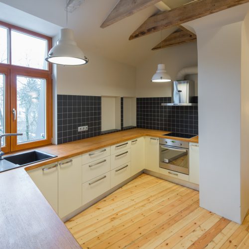 Kitchen interior in wooden style. Modern wooden interior design.