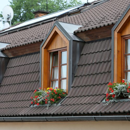 Wooden roof decorated with beautiful flowers