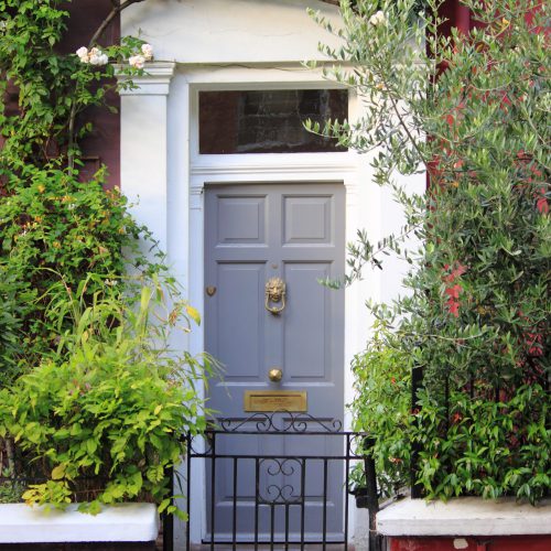 A colourful british style squared front door